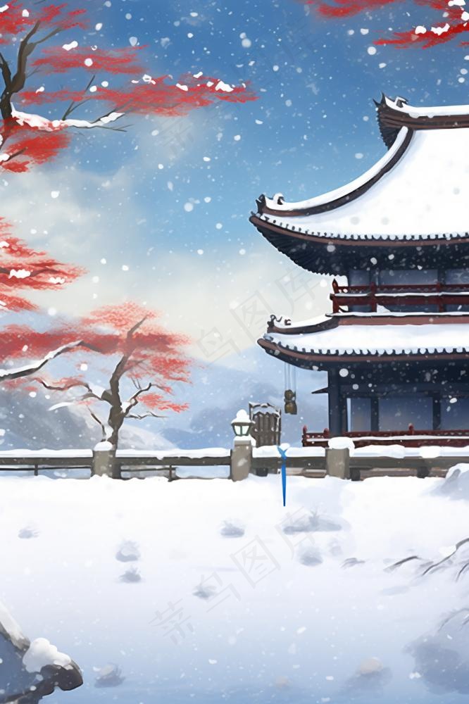 传统建筑雪景浪漫背景(896x1344)