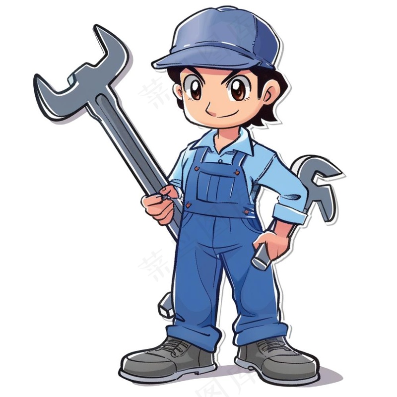 工人工具扳手维修工人劳动五一卡通插画免抠(1024x1024)