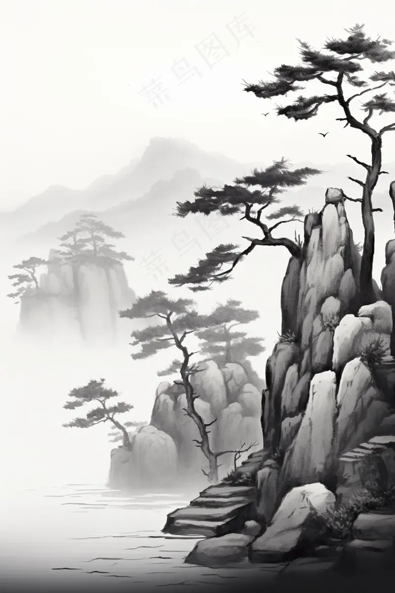 国风山水画河流花草国画水墨画素材背景(2688x4032)