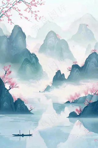 中国风水墨山水画梅花遍地开船春天春分清明插画背景