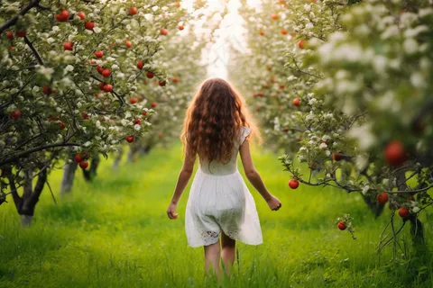 苹果园少女女孩漫步草地小径摄影图