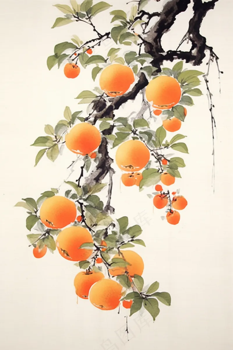 国画柿子橙子树枝水墨画素材背景(2688x4032)