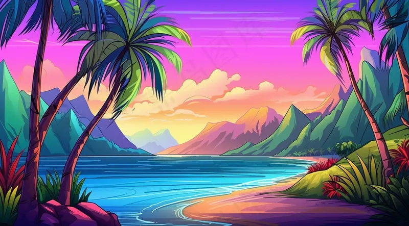 夏日海滩椰子树海浪卡通插画背景(4416x2448)