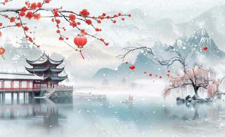 冬天雪景江南风景梅花枝头凉亭红灯笼寒露小雪冬至立冬卡通插画背景