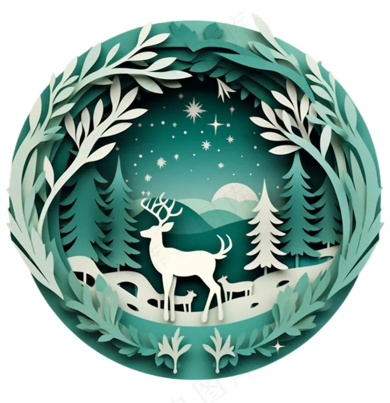 圣诞卡通剪纸麋鹿圣诞树绿色卡通免抠(1024x1056)