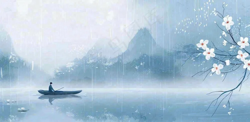 雨水春分清明节清明节唯美古风意境山水风景插画海报背景(1568x768)