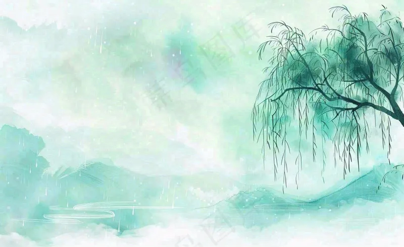 春天梅雨季柳树燕子清冷雨水谷雨惊蛰清明节水墨水彩插画背景(1408x864)