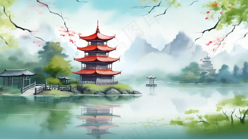 春天江南水乡山水阁楼凉亭红花树水墨画插画背景(4368x2448)