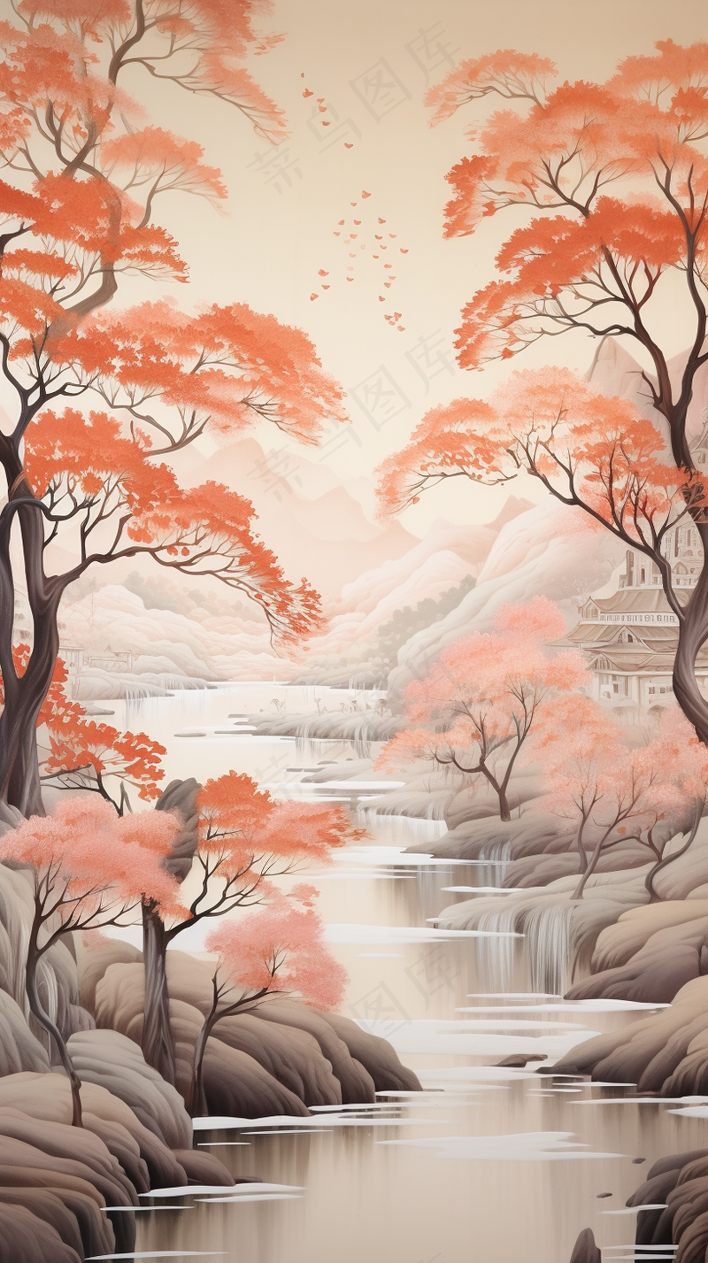 国风山水画河流花草国画水墨画素材背景(2448x4368)