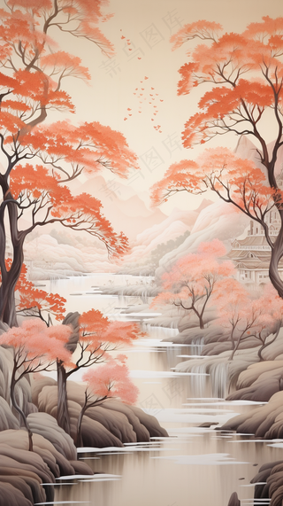 国风山水画河流花草国画水墨画素材背景
