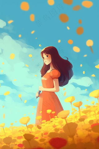春天花海里的少女插画背景