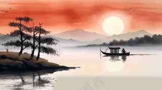 国风山水画江面小船国画水墨画素材背景