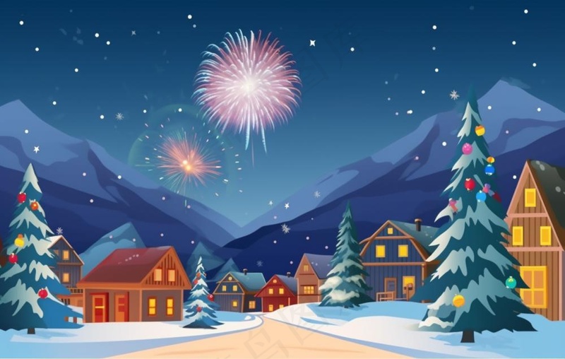 冬季雪天圣诞小镇烟花夜晚节日氛围卡通插画背景(1360x864)