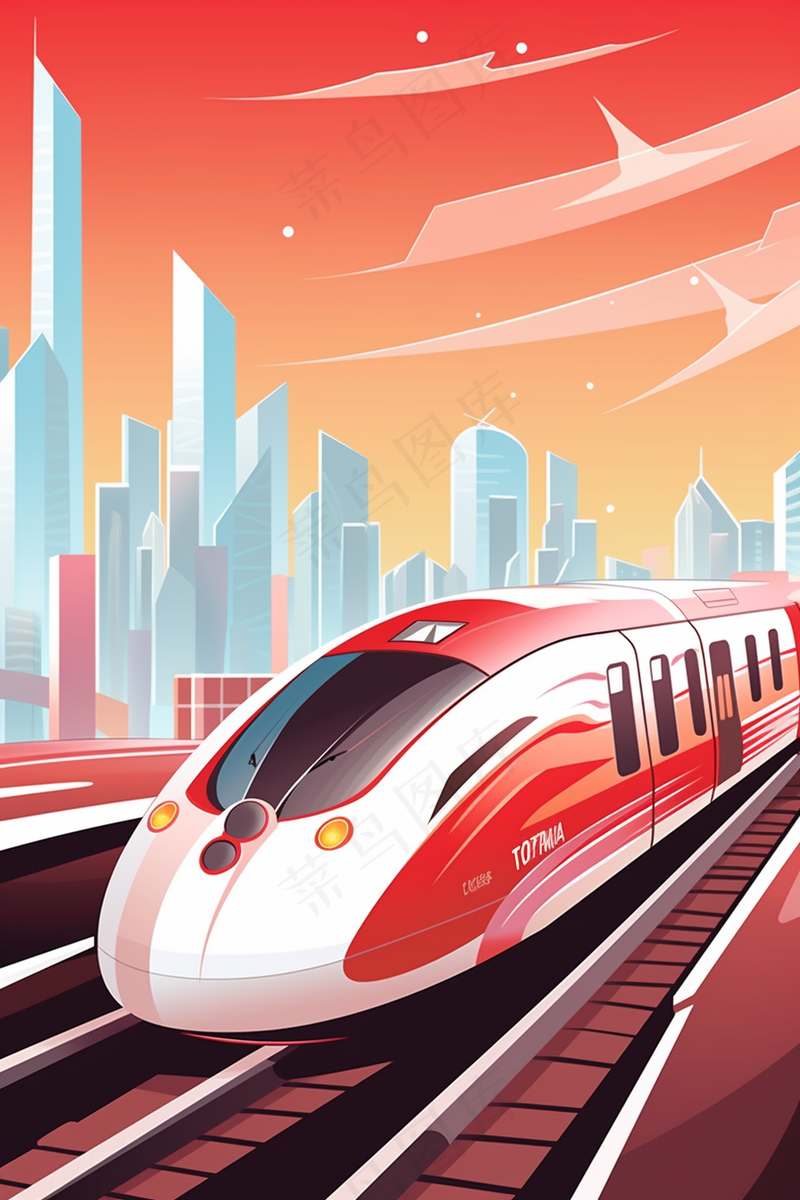 春节春运高铁轻轨列车开往回家的路科技卡通插画背景(2688x4032)