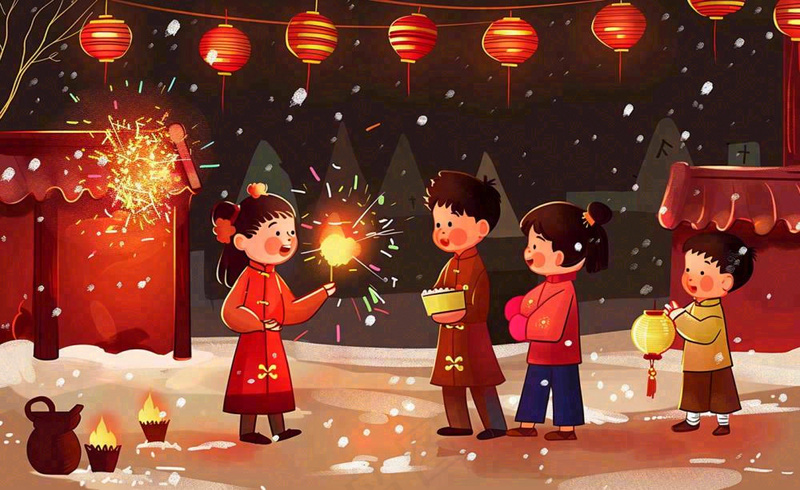 卡通新年除夕夜孩童放烟花鞭炮团聚喜庆春节插画过年背景