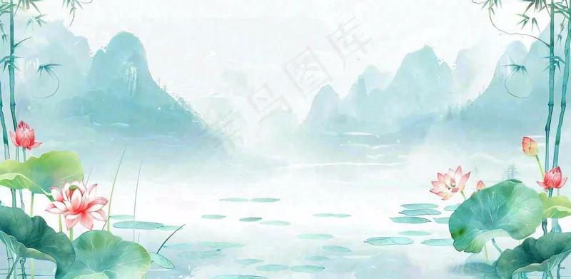 绿色荷花荷叶山水船立夏天夏至中式手绘风景中国风国画大暑小暑插画背景(1568x768)