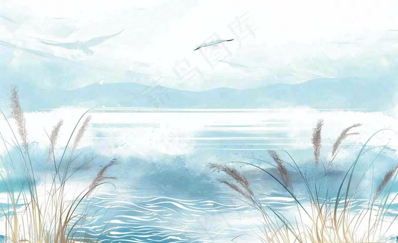 唯美白露插画白鹭动物风景秋天景色寒冷清冷芦苇丛寒露背景(1408x864)