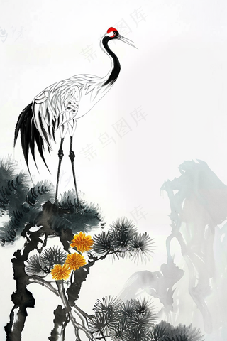 水墨国画丹顶鹤屹立岩石松树插画背景