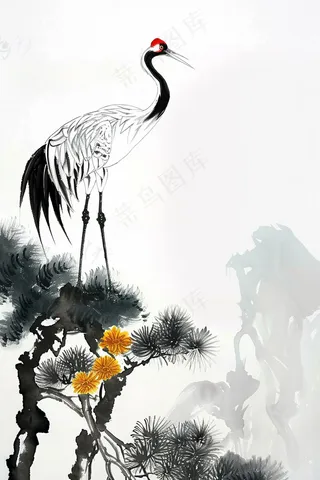 水墨国画丹顶鹤屹立岩石松树插画背景