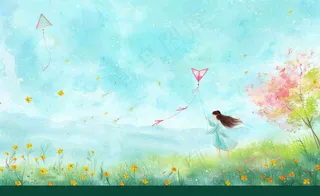 春天插画春天放风筝插画唯美桃花风筝植物春分春季山水风插画背景