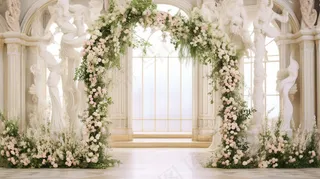 教堂婚礼现场鲜花白色主题摄影图