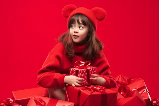 新年新春女孩拆礼物红色礼盒背景摄影图