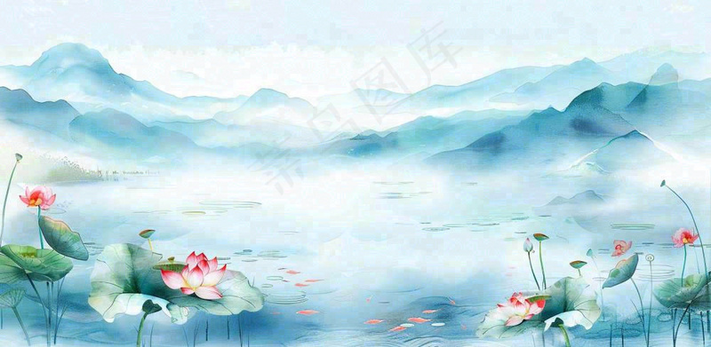 夏天水墨画山水荷花莲花蓝色插画立夏夏至大暑背景(1568x768)