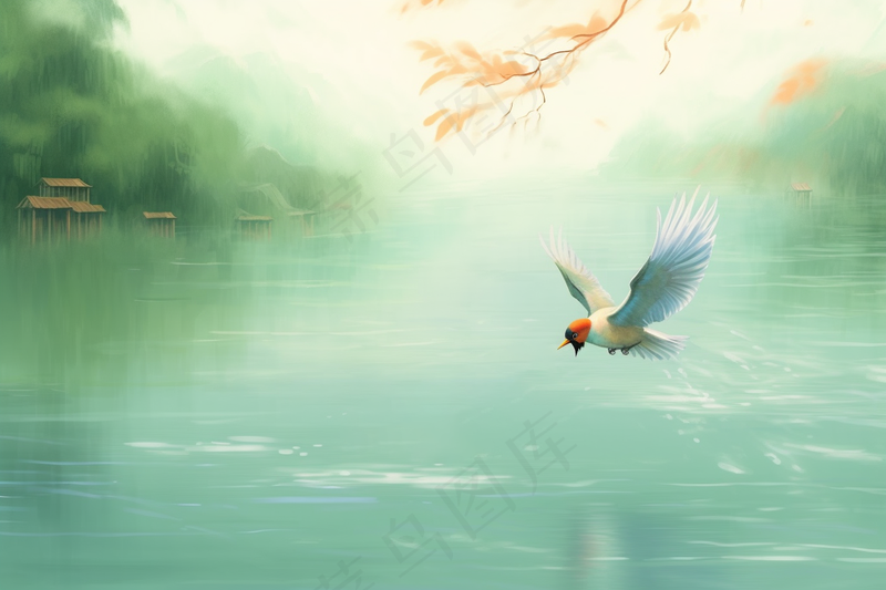 江南水乡雨水春天水墨画插画背景(4032x2688)