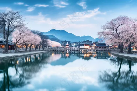 古风古城小镇夕阳美景湖面倒影村庄摄影图