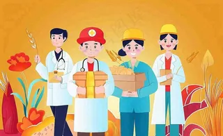 卡通人物劳动节职业人员橙色背景卡通插画背景