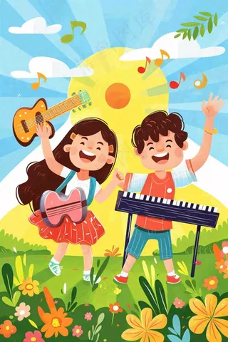 夏日音乐会乐器弹唱儿童草坪欢乐儿童节夏至卡通插画背景