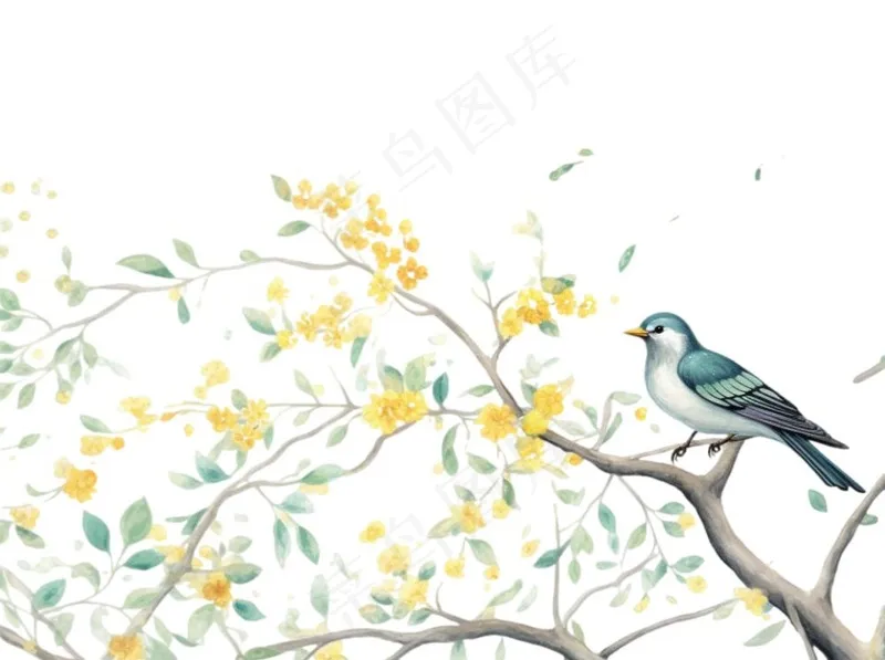 站在树上的鸟黄花卡通插画免抠(1264x944)