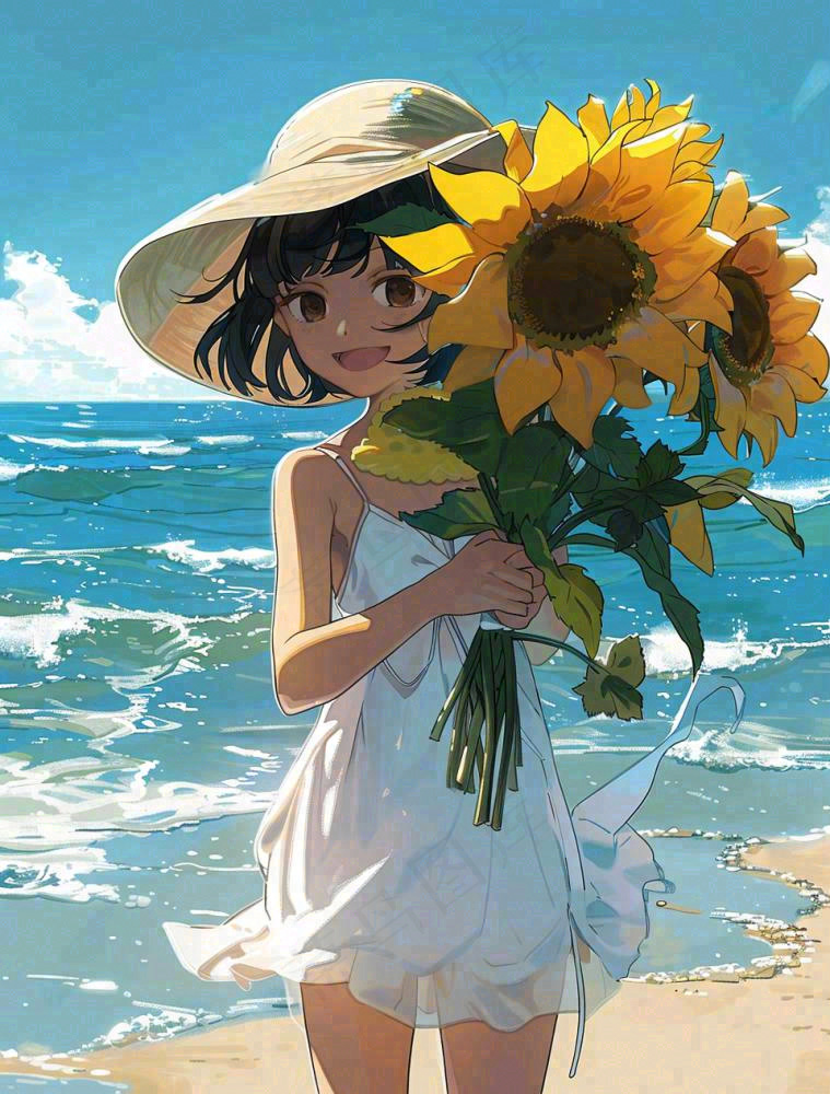 夏日海边女孩抱着一大束向日葵花束旅游游玩立夏夏至卡通插画背景(960x1264)