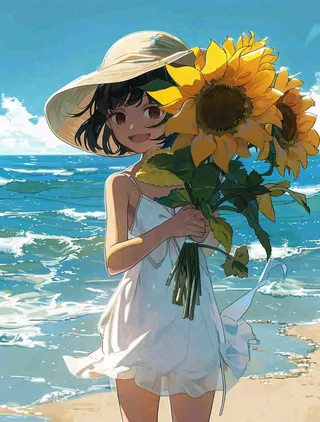 夏日海边女孩抱着一大束向日葵花束旅游游玩立夏夏至卡通插画背景