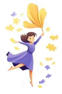 女孩少女拿着黄叶起舞美丽的裙摆卡通插画免抠