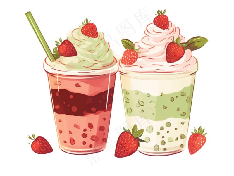 抹茶草莓奶茶奶油夏日清凉饮品卡通手绘插画免抠(1232x928)