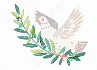 飞鸽携绿枝白鸽和平卡通插画免抠
