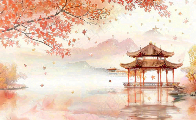 秋天红色枫叶江南水乡凉亭水墨画古风插画背景(1408x864)