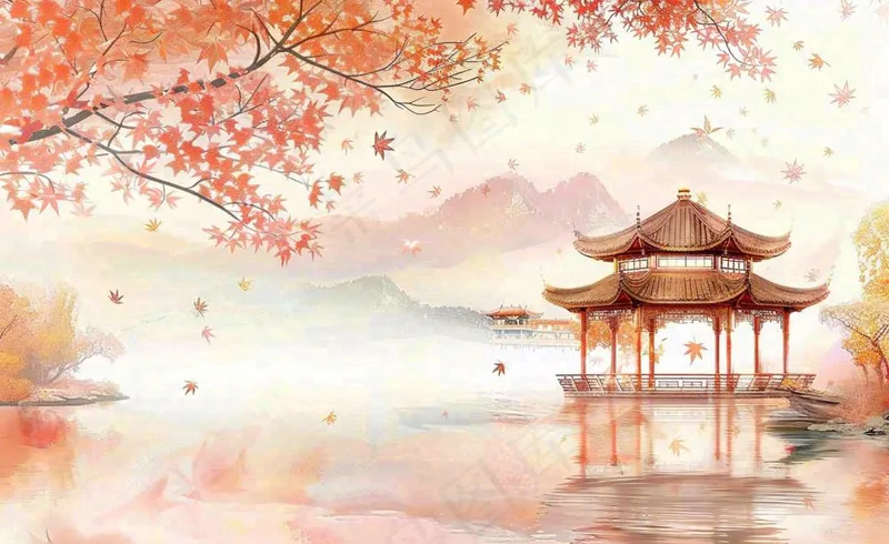秋天红色枫叶江南水乡凉亭水墨画古风插画背景(1408x864)