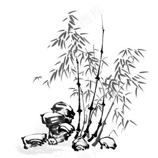 水墨竹子元素山石植物手绘中国风插画免抠