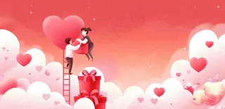 情人节天空梦幻爱心云朵阶梯礼物爱情红色唯美七夕插画背景