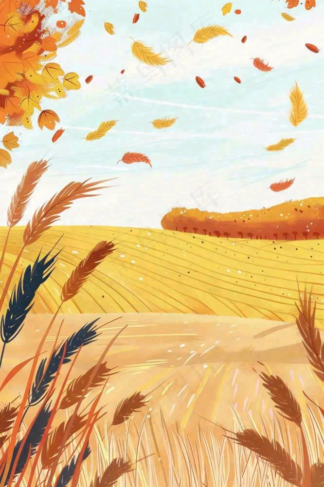 秋天金黄的麦田小麦黄树秋风丰收的季节立秋秋分卡通插画背景(896x1344)