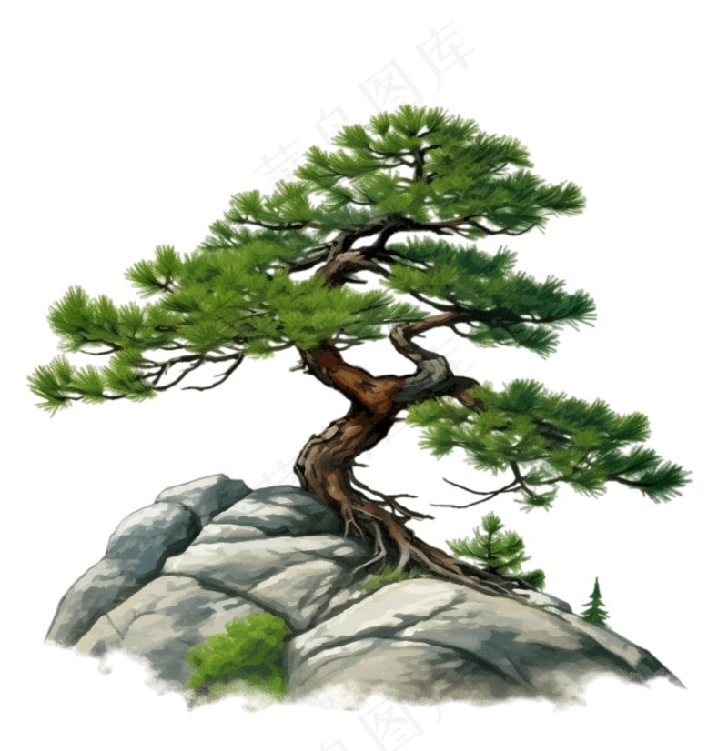 松树石壁上的迎客松古风水墨画插画免抠(1024x1056)