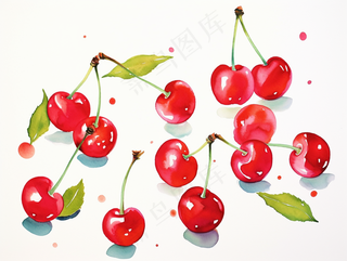 樱桃车厘子水果水彩画卡通壁纸