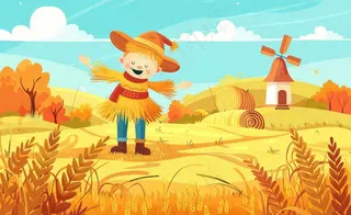 金秋稻田麦田稻草人秋风瑟瑟落叶立秋秋分处暑卡通插画背景