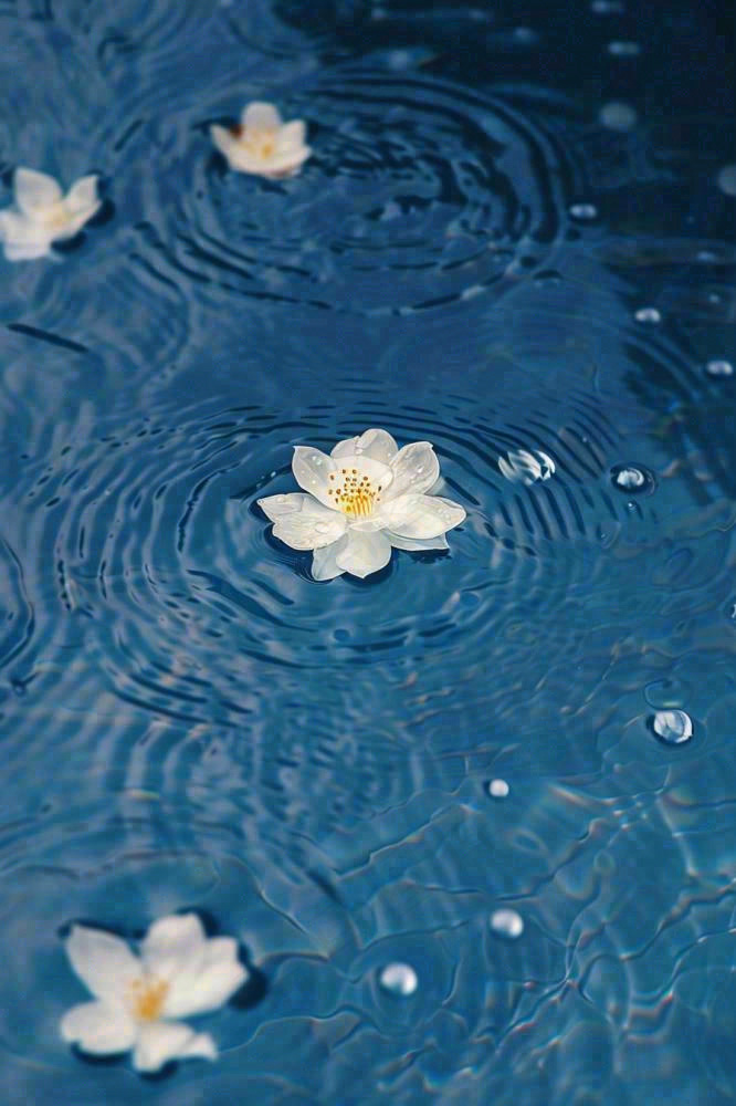 下雨天掉落在蓝色水面的白色花朵清新淡雅雨水处暑寒露摄影图(896x1344)