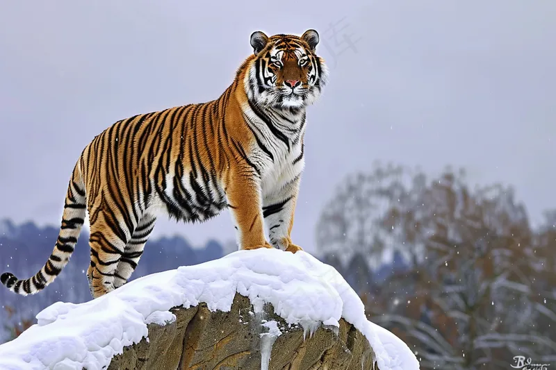 东北虎冬天白雪站在石头上的老虎动物(4032x2688)
