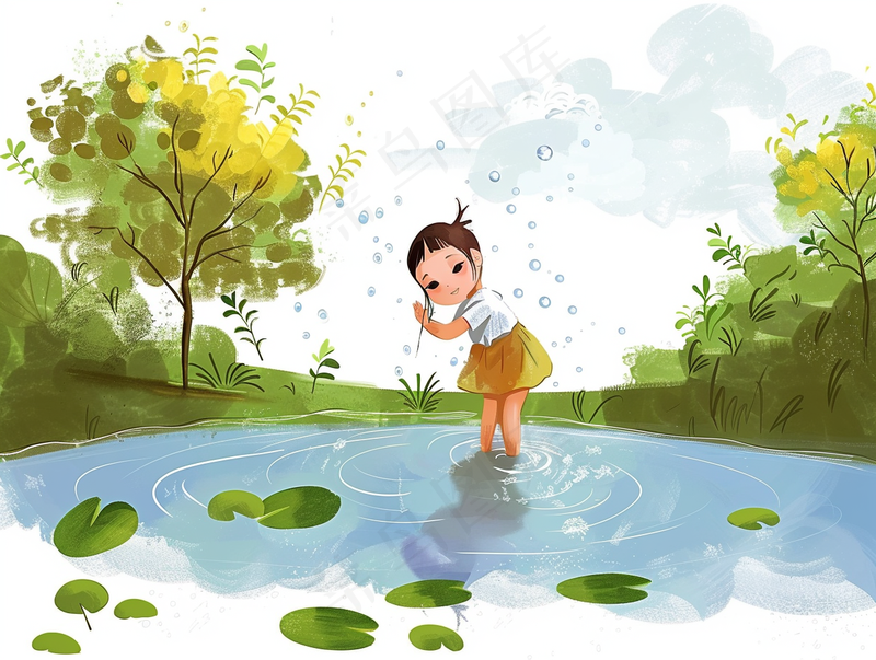 小水池玩水的小女孩卡通插画背景(3696x2784)