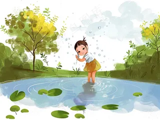 小水池玩水的小女孩卡通插画背景