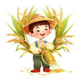 农民抱着稻穗麦穗粮食劳动卡通插画免抠